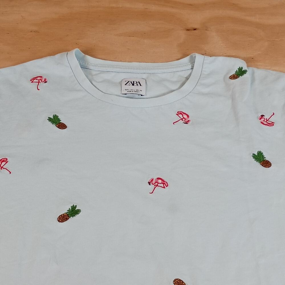 ZARA Men's Large Light Blue T-Shirt Embroidered Flamingo Pineapple Cotton Tee
